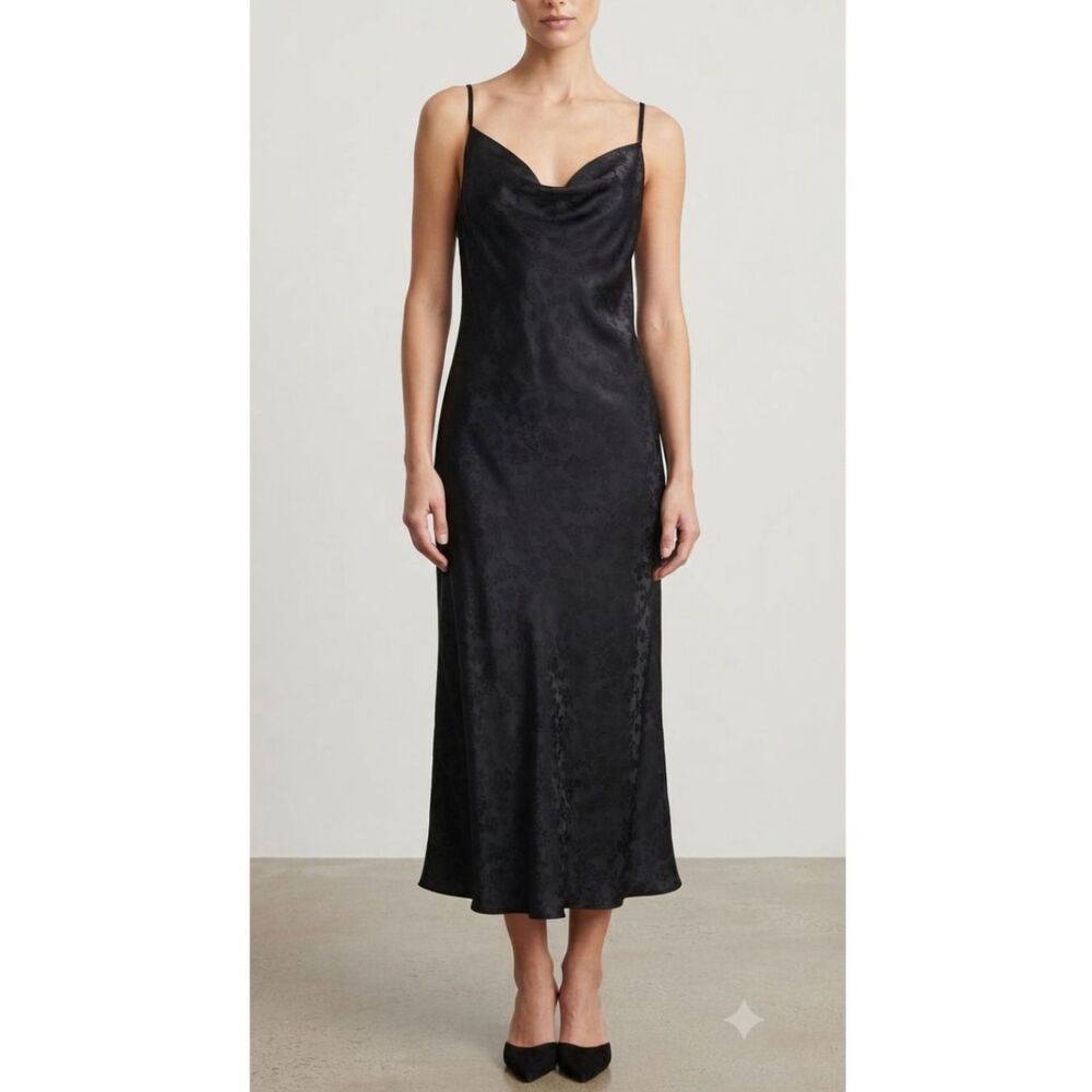 Shiny by Nature Black Floral Jacquard Slip Dress M Cowl Neck Midi Y2K